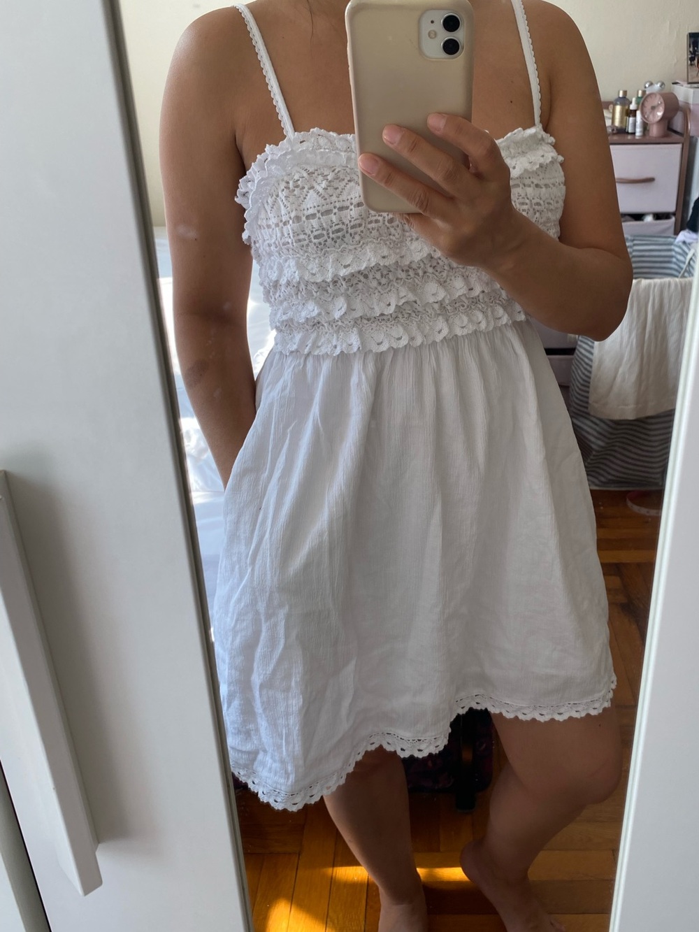 American Eagle White Smocked Lace Mini Dress Size XS/TP Cottagecore Boho